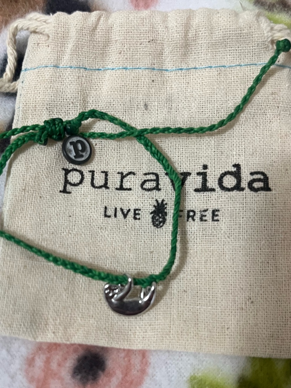 Pura Vida Green Braided Bracelet with Silver Sloth Charm